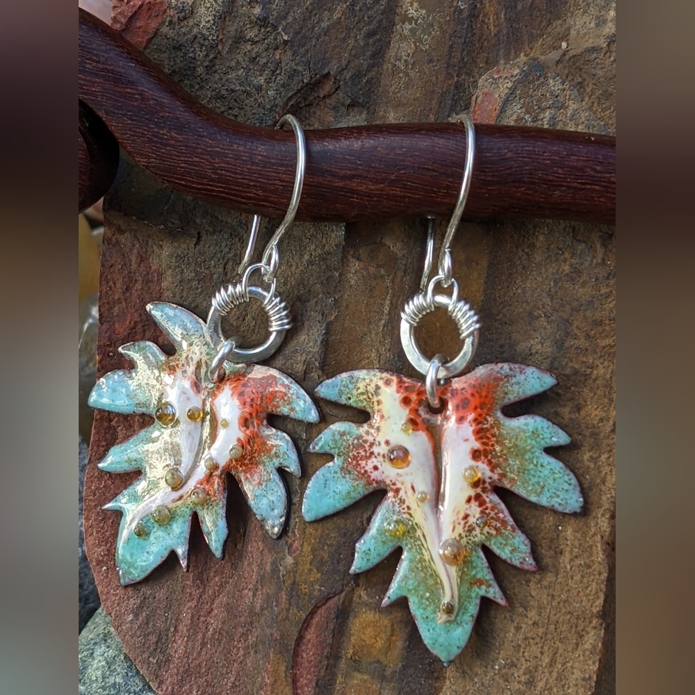 Hand Crafted Sterling Silver Earrings Artisan Leaf Charm Wire Wrap Hoop - Picture 11 of 15